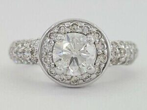 Round Brilliant Cut Halo Pave Diamond Engagement Ring 1.8 ct 14k White Gold GIA