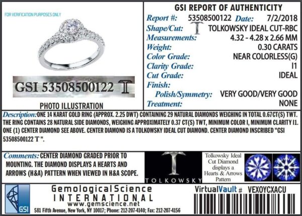 Tolkowsky 0.67 ct 14K Ideal Round Cut Diamond Engagement Ring GSI Rtl 3299