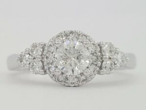 Round Brilliant Cut Diamond 3-Stone Halo Engagement Ring 0.87 ct 14K White Gold