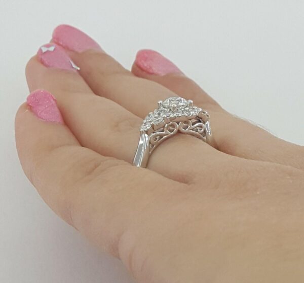 Round Brilliant Cut Diamond 3-Stone Halo Engagement Ring 0.87 ct 14K White Gold