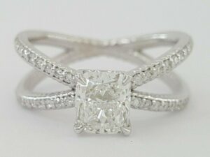 Rectangular Cushion Cut Diamond Split Shank Engagement Ring 1.38 ct GIA 10,000