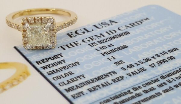 1.38 ct 14K Gold Princess & Round Cut Diamond Halo Engagement Ring EGL Rtl 7k