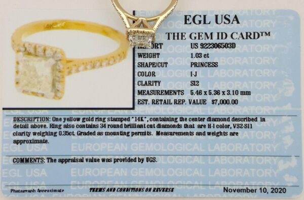 1.38 ct 14K Gold Princess & Round Cut Diamond Halo Engagement Ring EGL Rtl 7k