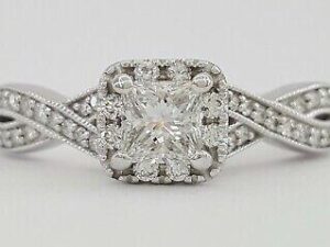 True Romance 0.70 ct 14K Princess Cut Crossover Halo Engagement Ring Rtl 3,000