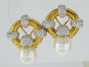 Vintage 18k Yellow Gold South Sea Pearl & 1.2 ct Diamond Earclips Earrings 31.1g