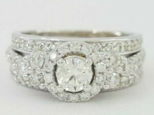 1.62 ct 14K White Gold Round Diamond Wedding Halo Engagement Wedding Ring Set