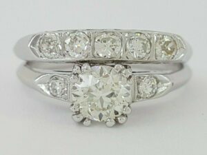 Antique 1.07 ct Old European Diamond Engagement Ring Set Band 14k White Gold GIA