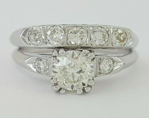 Antique 1.07 ct Old European Diamond Engagement Ring Set Band 14k White Gold GIA