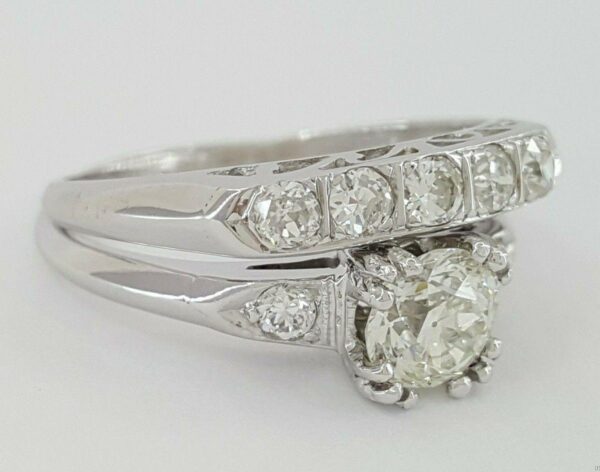 Antique 1.07 ct Old European Diamond Engagement Ring Set Band 14k White Gold GIA