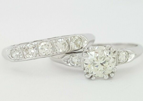 Antique 1.07 ct Old European Diamond Engagement Ring Set Band 14k White Gold GIA