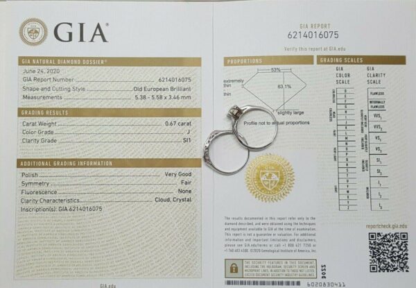 Antique 1.07 ct Old European Diamond Engagement Ring Set Band 14k White Gold GIA