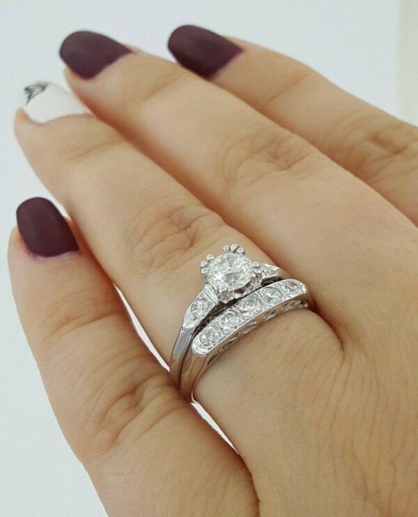 Antique 1.07 ct Old European Diamond Engagement Ring Set Band 14k White Gold GIA