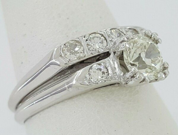Antique 1.07 ct Old European Diamond Engagement Ring Set Band 14k White Gold GIA