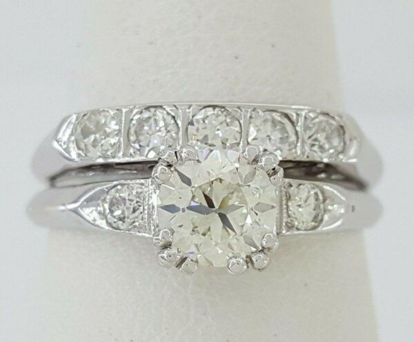Antique 1.07 ct Old European Diamond Engagement Ring Set Band 14k White Gold GIA