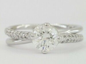 Round Brilliant Cut Diamond Crossover Engagement Ring 0.87 ct 14k White Gold