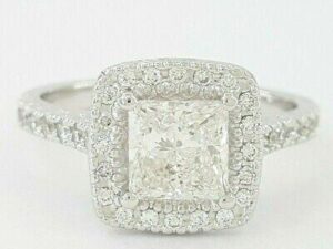 White Gold Princess Cut Diamond Halo Engagement Ring 1.24 ct 14K F / SI2