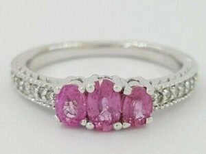 0.73 ct 14K Three 3 Stone Pink Sapphire & Diamond Engagement Anniversary Ring