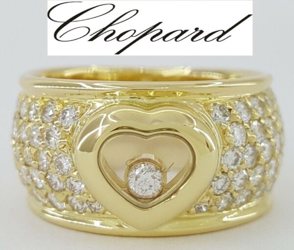 CHOPARD Round Cut Happy Pave Set Diamond Heart Ring 10mm 1.1 ct 18K Gold Sz 4.5