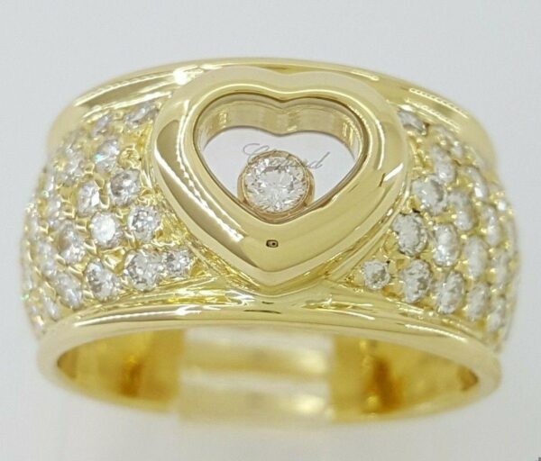 CHOPARD Round Cut Happy Pave Set Diamond Heart Ring 10mm 1.1 ct 18K Gold Sz 4.5