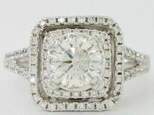 Round Cut Diamond Double Halo Engagement Ring 1.55 ct 14K White Gold Retail 12k