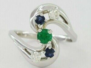 0.12 ct 14K White Gold Round Cut Diamond Sapphire & Emerald Ring