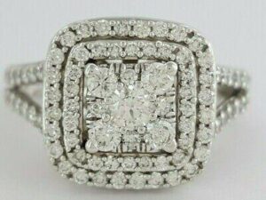 Round Cut Diamond Cluster Double Halo Engagement Ring 1.1 ct 14K White Gold