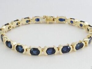 19 ct 14K Yellow Gold Oval Cut Blue Sapphire Tennis Bracelet 22.4 Grams