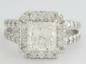 Princess Cut Diamond Halo Engagement Ring 2.69 ct 14K White Gold GIA G / SI1