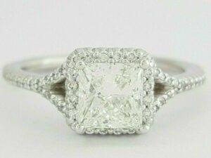 Princess Cut Diamond French Set Halo Engagement Ring 1.23 ct Ritani 18k Gold GIA