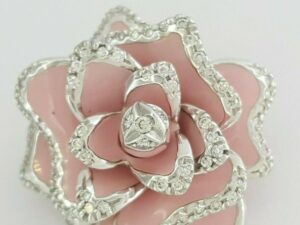 Roberto Coin 18K White Gold Enamel & 0.5 ct Diamond Rose Brooch Pendant 11.6 g