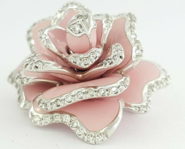 Roberto Coin 18K White Gold Enamel & 0.5 ct Diamond Rose Brooch Pendant 11.6 g