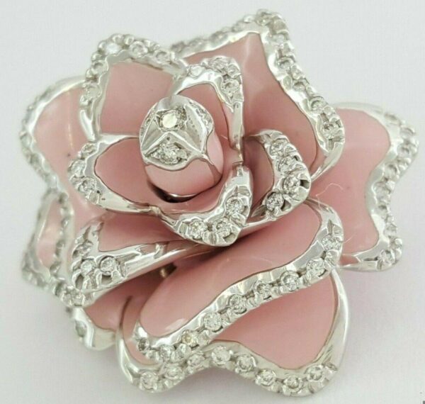 Roberto Coin 18K White Gold Enamel & 0.5 ct Diamond Rose Brooch Pendant 11.6 g