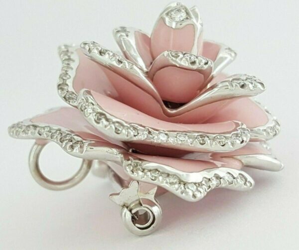 Roberto Coin 18K White Gold Enamel & 0.5 ct Diamond Rose Brooch Pendant 11.6 g