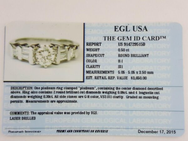 Round Baguette Diamond Engagement Ring 0.88 ct Platinum EGL USA Rtl 3,650
