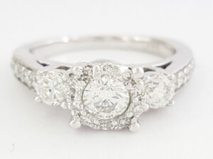 Three-Stone Round Brilliant Cut Diamond Halo Engagement Ring 1 ct 14K White Gold