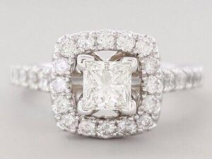 Princess Cut Diamond Halo Engagement Ring 1.10 ct 14K White Gold GIA I / VS1