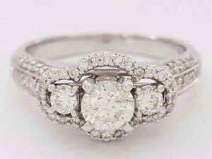 Three-Stone Round Cut Halo Diamond Engagement / Anniversary Ring 1 ct 14K