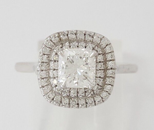 0.97 ct 18K White Gold Cushion Cut Diamond Double Halo Engagement Ring GIA E/VS1