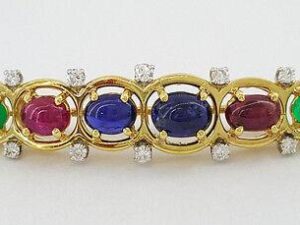 David Webb 18K / Platinum Cabochon Sapphire Ruby Emerald & Diamond Brooch / Pin