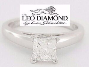 Leo Princess Cut Diamond Solitaire Engagement Ring 0.70 ct 14K & Plat GSI Ideal