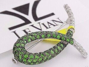 LeVian Le Vian Round Cut Diamond & Tsavorite Garnet Brooch Pin 18K W Gold 3.1 ct