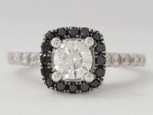 Natural Round White & Black Diamond Halo 1.1 ct 14K White Gold Engagement Ring