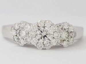 Round Cut Diamond Cluster Halo 3-Stone 0.95 ct 14K White Gold Engagement Ring