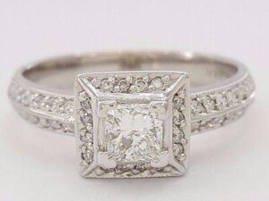 0.81 ct 14K White Gold Princess Cut Diamond Halo Engagement Ring 3.2 Grams