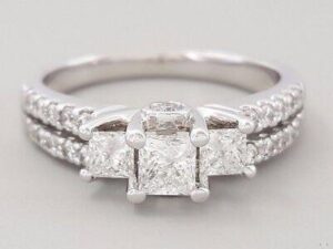 Three Stone Princess Cut Diamond Engagement Ring 1.06 ct 14k White Gold