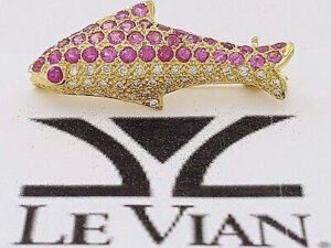 LeVian 18K Yellow Gold 1.28 ct Sapphire & Round Cut Diamond Fish Pin / Brooch