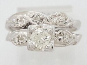 0.45 ct Vintage 14K White Gold Transitional Cut Diamond Engagement Ring Set