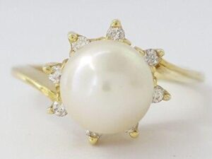 14k Yellow Gold Akoya Pearl & Diamond Fashion Ring 7.6-7.7mm Pearl Very Fine