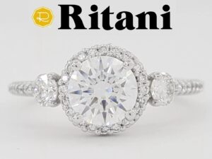 Ritani Semi-Mount Halo 3-Stone Engagement Ring 0.47ct 18k Gold 1RZ3701 RTL 3.4k