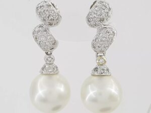 Diamond & Akoya Pearl Swirl Drop Screw Clip-On Earrings 0.5 ct 14k W Gold